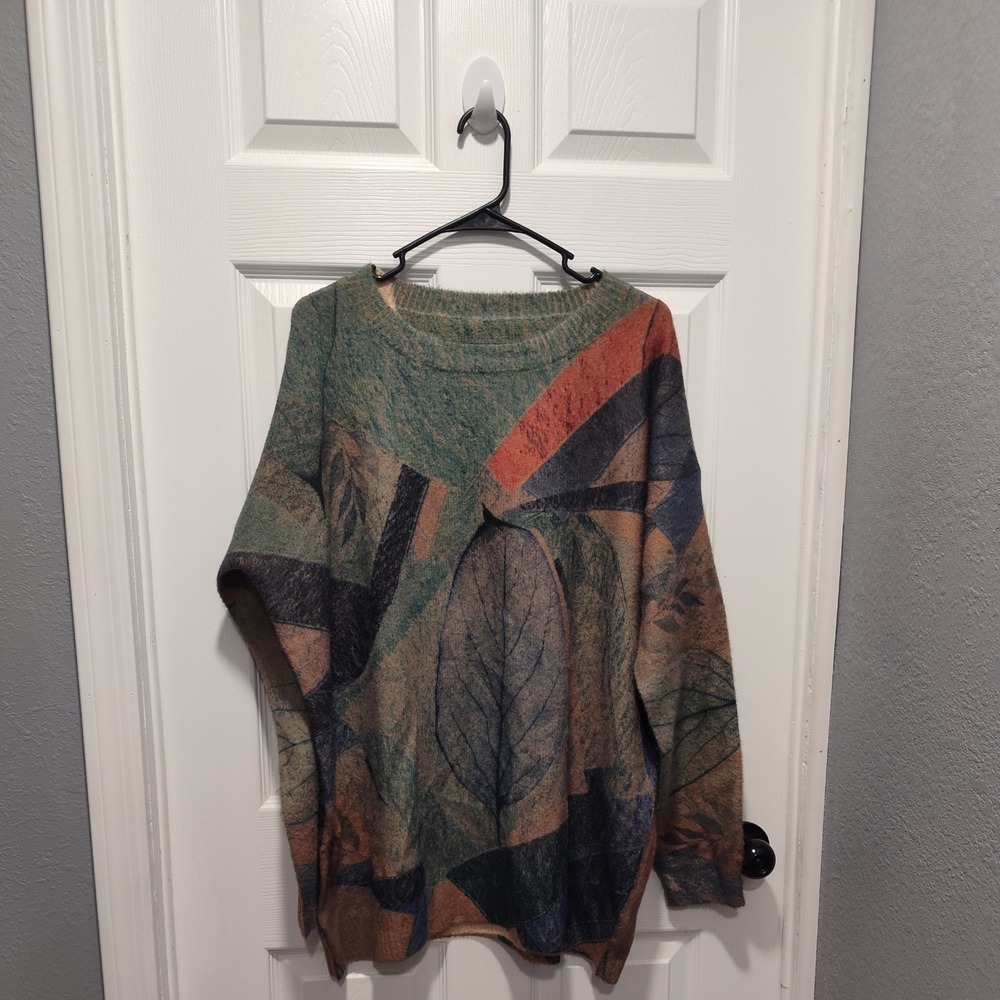 Womens Wool Blend Soft Sweater Fall Leaves Art To Wear Multi Color Size 2XL